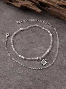 2pcs Simple Fashionable Daisy Pendant & Bead Anklet Set, Suitable For Women Beach Holiday Daily Wear - Multicolor - View 2