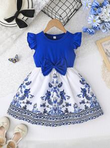 Sukienka dziewczęca z krótkim rękawem i okrągłym dekoltem, z kokardą i nadrukiem w stylu patchworkowym, modna na zewnątrz, na lato