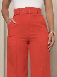 Women's Linen Material Trousers With Belt - Orange - View 4