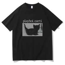 Playboi  Carti Hip Hop T Shirts Cute Cat Harajuku Print  Tee  Regular  Mens  Tops  Quality  Rappe - màu đen - Xem 1