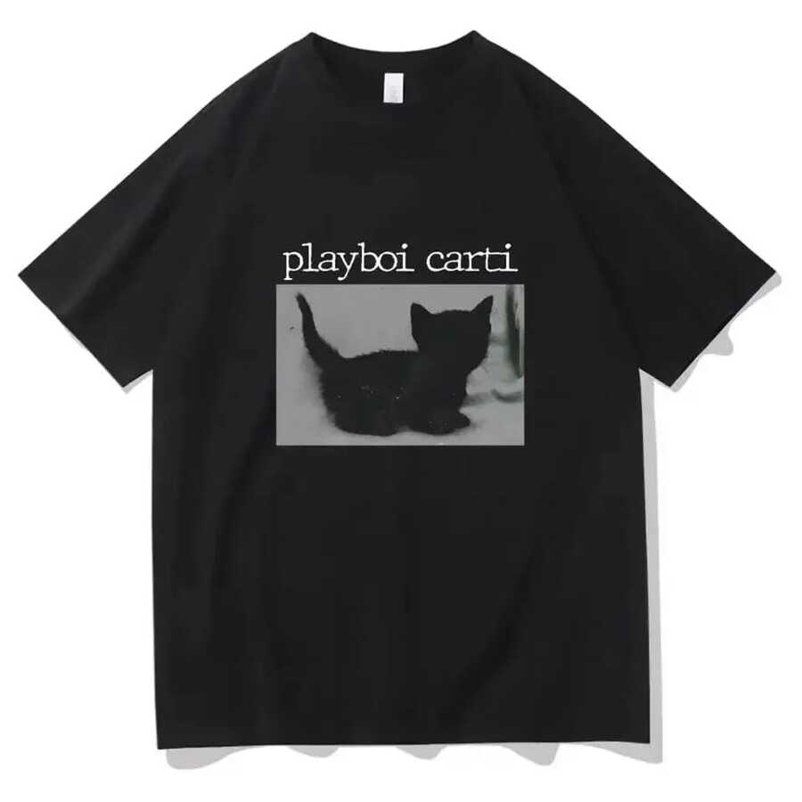 Playboi Carti Hip Hop T Shirts Cute Cat Harajuku Print Tee Regular Mens Tops Quality Rappe - màu đen - Xem 1