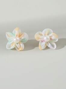 1 对可爱马卡龙色网状和人造珍珠花朵设计儿童时尚派对耳环，最佳朋友礼物 - 1對花朵耳環 - 查看 15