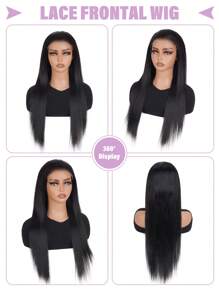 5x5 蕾丝闭合假发 人发无胶直发蕾丝前假发 人发预拔 180 密度人发假发 带松紧带 逼真黑色 - 黑色 - 查看 4