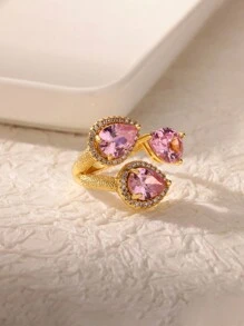 1pc Vintage Gemstone Three Water Droplets Ring, 18K Gold-Plated Cubic Zirconia Open Rings For Women, Wedding Party Vacation Jewelry Luxury Accessories Gifts For Valentine's Day, Mother's Day