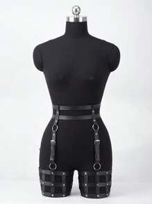 女士情趣多层束缚带 - 性感内衣配饰 - 宽扣PU皮革吊袜带可调节大腿带女士腰带配饰 - 适合情侣游戏派对、庆祝活动、万圣节、圣诞节、情人节、约会、派对等场合 - 黑色 - 查看 2