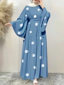 Women's Elegant Solid Color Bell Sleeve Long Dress, Spring/Summer,Modest - Sky Blue Dots - View 3