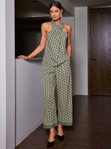Sollinarry 2pcs Women Summer Locational Print Halter Neck Sleeveless Top And Long Pants Set, Stylish For Outdoor, Vacation, Music Festival - Green - View 6