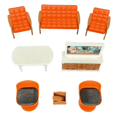 10 Pieces Quality Plastic Toy Furniture Set Including 1 Bench, 2 Chairs, 2 Swivel Chairs, 1 Coffee Table, 1 TV, 1 Remote Control Box