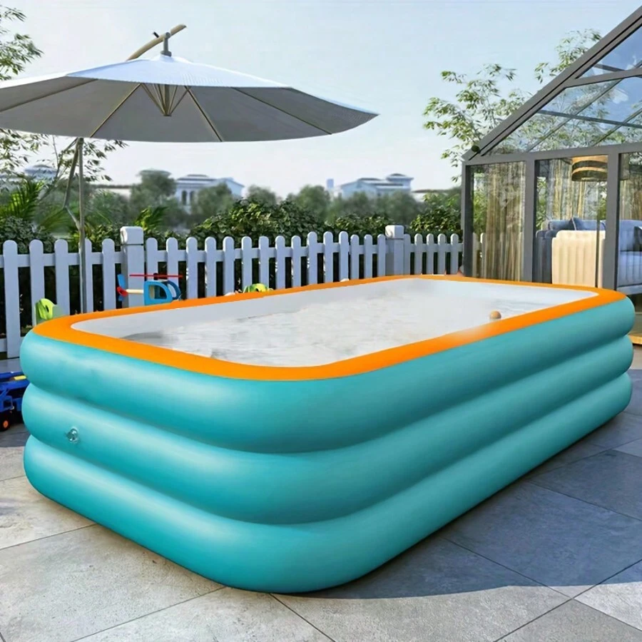 1pc Inflatable Large Adult Swimming Pool, Orange, High & Thick, Water Park, Portable Foldable Pool For Summer, Beach Essentials, Beach Accessories, Pool Float - Blue - View 1