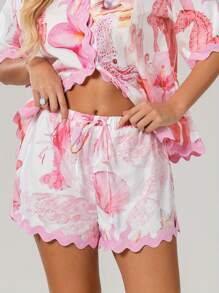 Women 2 Piece Shorts Sets Graphic Short Sleeve Button Shirt Wide Leg Lounge Shorts Outfit