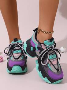 Women's Chunky Sneakers, Round Toe Platform Shoes, European & American Style Sports Shoes, Fashion Trainers, Colorblock Sports Shoes, Metallic Thick Sole Sneakers, Ladies' Athletic Shoes, Lace-Up Workout Shoes - Multicolor - View 2