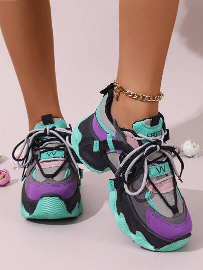 Baskets épaisses pour femmes, chaussures à plateforme rond, chaussures de sport de style européen et américain, chaussures de sport tendance, chaussures de sport blocs de couleurs, baskets à semelle épaisse métallique, chaussures de sport pour dames, chaussures d'entraînement à lacets