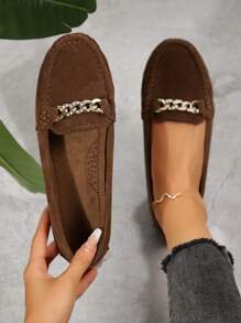 Fashion New Comfortable Casual Metal Chain Decor Women's Flat Shoes, Outdoor Lightweight Soft Bottom Fabric Slip-On Low-Top Slip-On Sandals, Summer Beach Vacation Solid Color Round Toe Simple Suede Brown Loafers - Brown - View 4