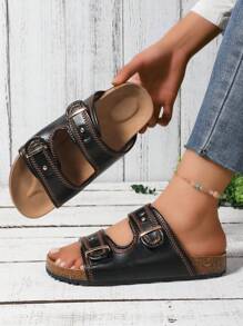 Sandalias tipo chanclas con correa vintage para mujer, pantuflas con suela gruesa y de fácil deslizamiento, nuevo estilo 2024 - Negro - Ver 1