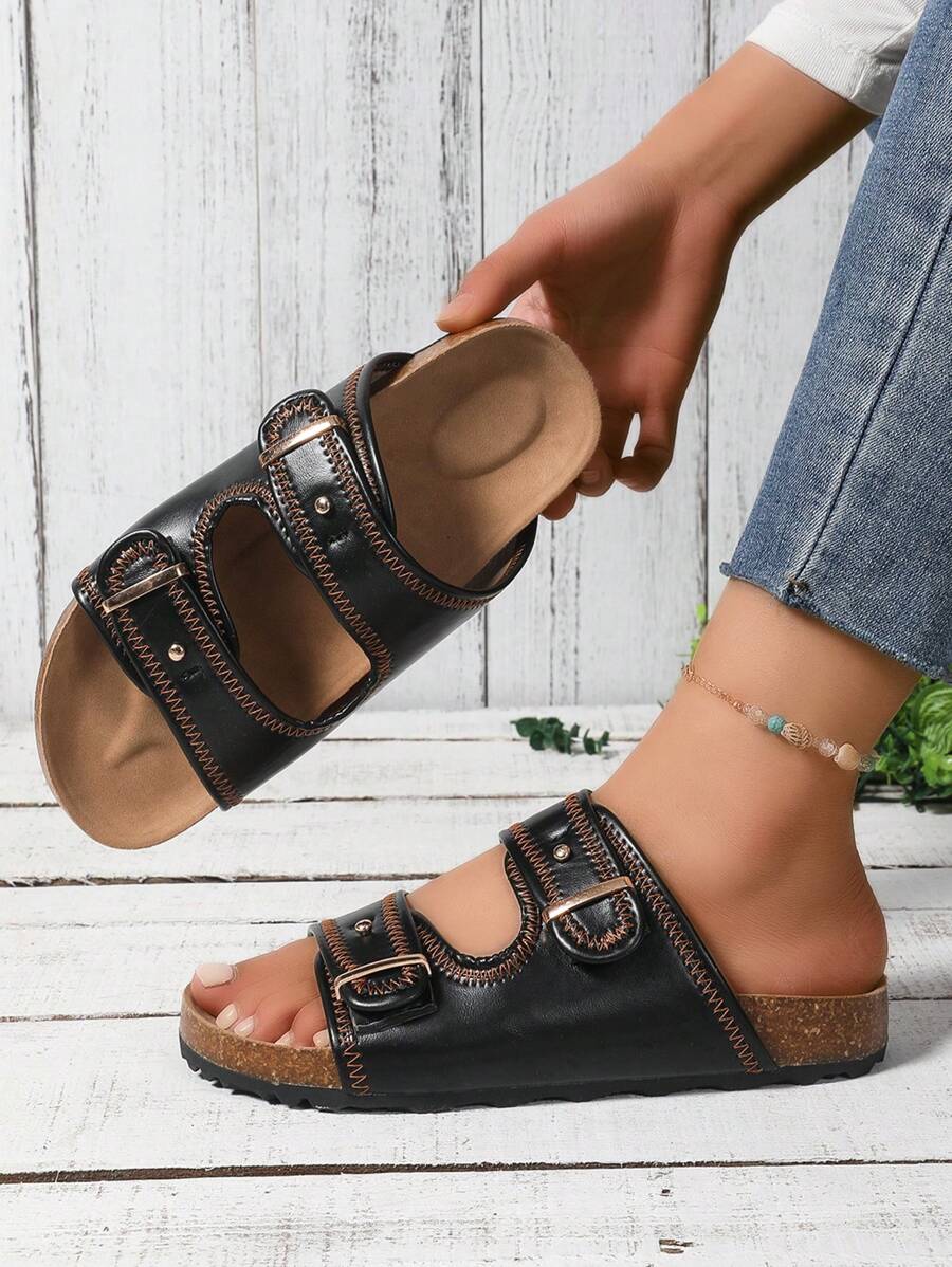 Sandalias tipo chanclas con correa vintage para mujer, pantuflas con suela gruesa y de fácil deslizamiento, nuevo estilo 2024 - Negro - Ver 1