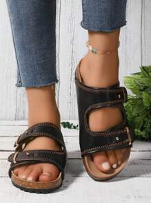 Sandalias tipo chanclas con correa vintage para mujer, pantuflas con suela gruesa y de fácil deslizamiento, nuevo estilo 2024 - Negro - Ver 3