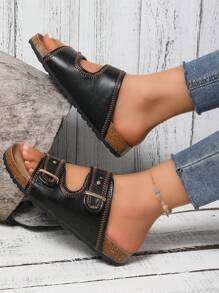 Sandalias tipo chanclas con correa vintage para mujer, pantuflas con suela gruesa y de fácil deslizamiento, nuevo estilo 2024 - Negro - Ver 5