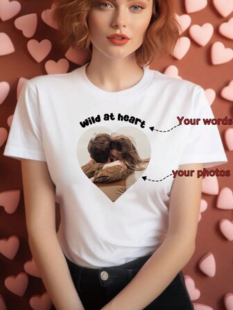 Customized Photo T-Shirt, Women's Spring/Summer Casual Sports Tee, Customized Print With Friend/Lover/Pet/Sister/Selfie/Photo, Customized Text/Blessing/Name, Heart Print Customization, Surprise Gift, Birthday Gift, Wedding Gift, Mother's Day Gift, Best Friend Gift, Anniversary Gift, Valentine's Day Gift, Gift For Her, Women's Top
