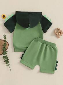 Toddler Boy Summer Clothes Dinosaur Short Sleeve Hood T-Shirt Elastic Waist Pocket Shorts Outfit - Green - View 6