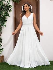 Elasola Vestido de novia de talla grande para mujer, vestido de longitud hasta el piso, de chifón romántico bordado con encaje