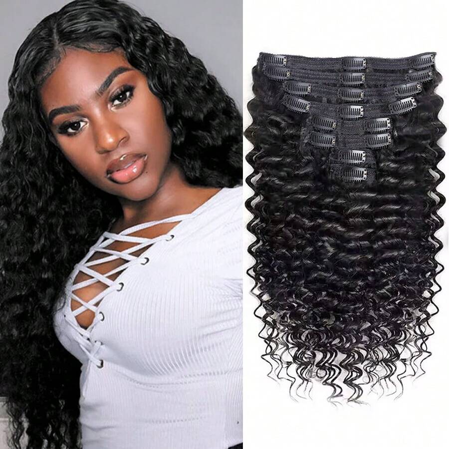 Deep Wave Clip In Hair Extensions Human Hair 8Pcs Brazilian Remy Human Hair Deep Wave Clip In Extensions Thick To Ends Natural Black - màu đen - Xem 1