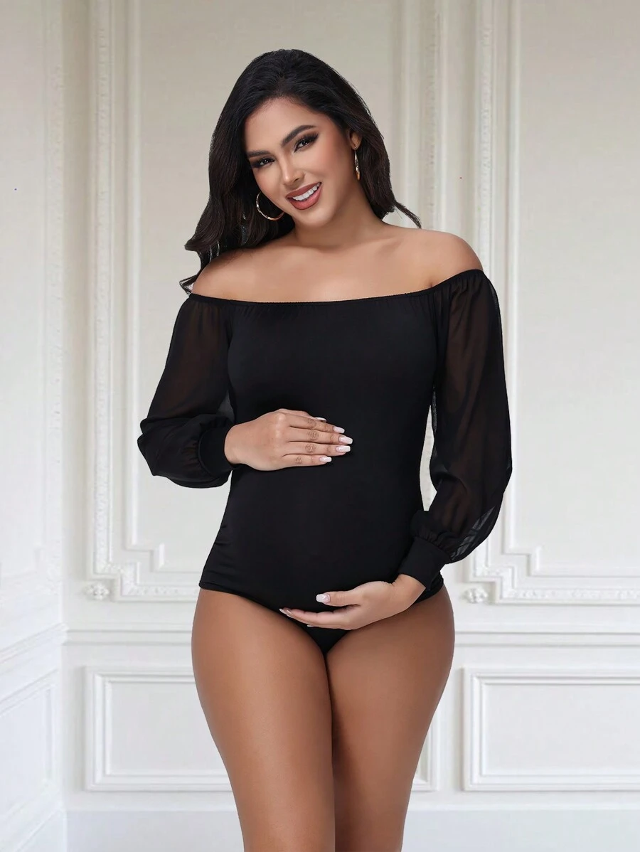 孕妇露肩领灯笼袖紧身衣透明连体衣适合拍照孕妇衬衫