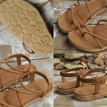 Plus Size Women's Elegant Comfortable Striped Vacation Flat Sandals, Brown, Summer,Beach Outfits - Brown - View 8