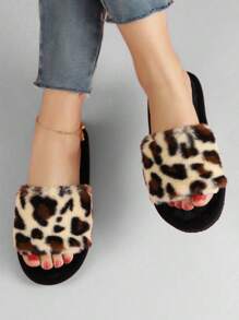Women Cotton Plush Slippers Leopard Pattern Breathable Warmth Wear Resistance,Women Fashion Leopard Print Fuzzy Bedroom Slippers Beige,Women Leopard Pattern Fuzzy Bedroom Flip Flops,Fashion Open Toe Home Flip Flops,Women Leopard Pattern Cross Strap Fluffy Bedroom Slippers, Fabric Fashion Slippers Indoor - 米色 - 查看 3