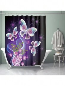 1pc/4pcs Butterfly Printed Bathroom Set Include Shower Curtain With 12 Hooks, Anti-Slip Bath Mat, U-Shape Toilet Mat & Round Toilet Lid Cover, Multi-Functional Bathroom Decor - Multicolor - View 4