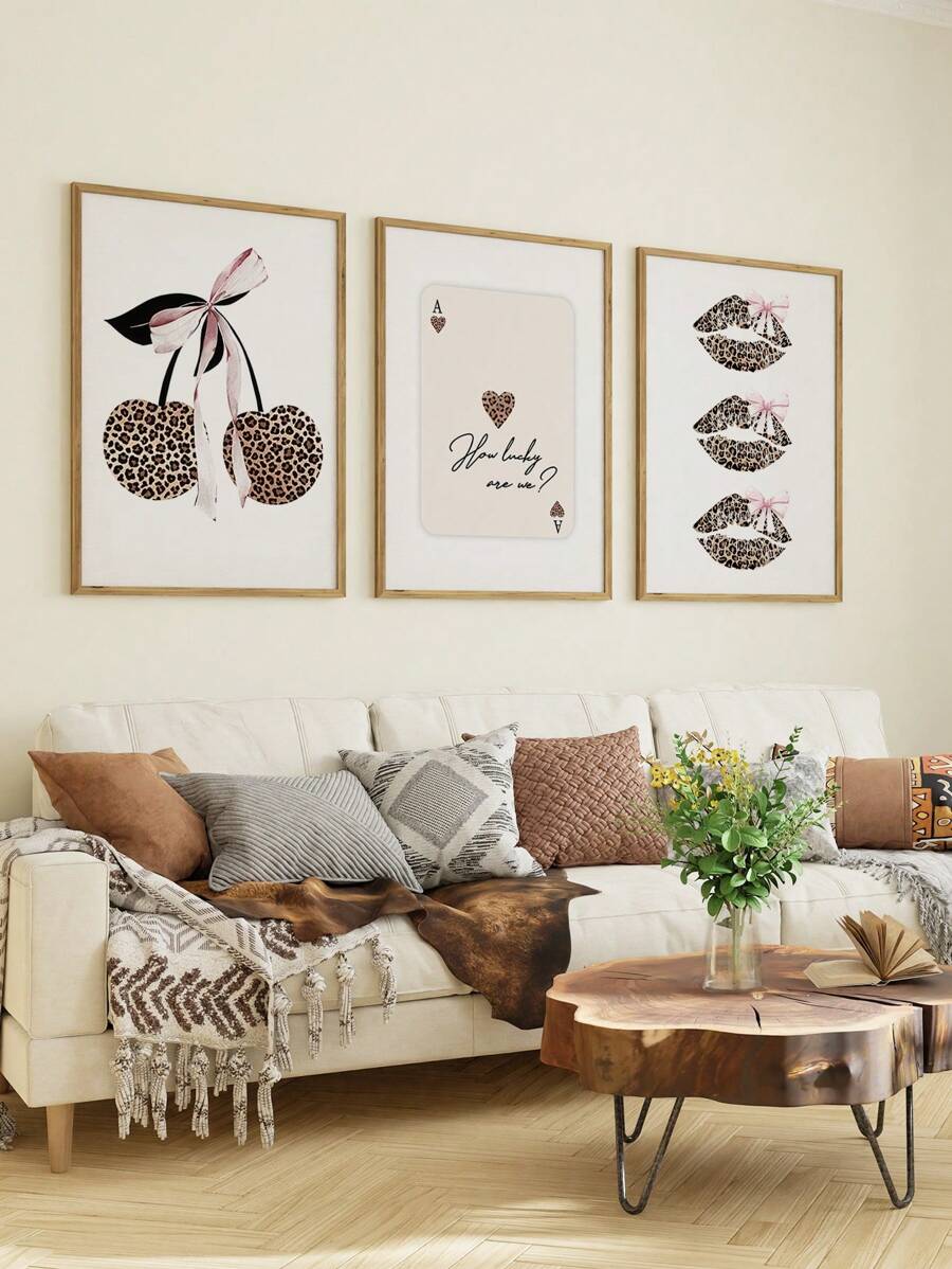 3 Pieces Pink Bow Painting Posters Cherry Hanging Picture Lip Wall Arts Quote Wall Print Leopard Canvas Poster Set Vintage Artwork Valentine's Day Gift Living Room Wall Decor No Frame Gifts Birthday Graduation