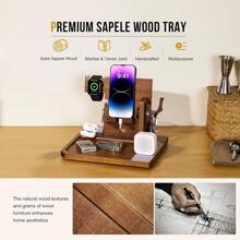 OneTigris Nightstand Organizer, Christmas Gifts For Men Dad Husband Boyfriend Wife Women, Wood Phone Docking Station, Desk Organizer With Gun Rack Watch Stand Key Holder Wallet Tray - Rust Brown - View 5