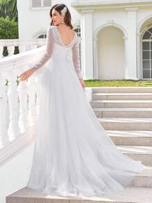 UNITHORSE Rhinestone Neckline Pearl Embroidery Lace Mesh Contrast White Wedding Dress Gown,Bride, All White Party Outfit Women - White - View 4