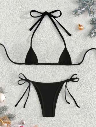 撞色滚边性感内衣套装，微三角吊带比基尼文胸和丁字裤，女士性感内衣，万圣节和圣诞节必备性感单品