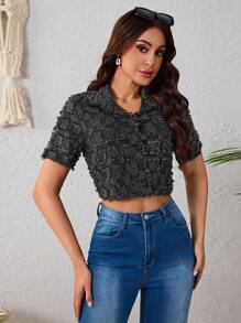 Elegante Blusa De Mujer De Manga Corta,Camisa Corta Con Patrón De Cuadros Para Verano,Blusa Con Solapa y Botón Delantero - Negro - Ver 7