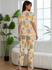 2pcs/Set Women Floral Print Drop Shoulder Short Sleeve Top And Pants Pajama Set, Crew Neck Casual Home Clothing Suitable For Spring And Summer,Two Pieces Set