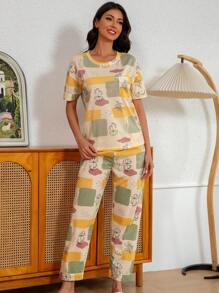 2pcs/Set Women Floral Print Drop Shoulder Short Sleeve Top And Pants Pajama Set, Crew Neck Casual Home Clothing Suitable For Spring And Summer,Two Pieces Set