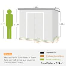 Outsunny Outsunny Gerätehaus 2,42 m², Gartenhaus mit Lüftungsfenster, Schiebetür, Fundament, 213 x 130 x 159/172 cm, Geräteschuppen aus Verzinkter Stahl, wetterfest, für Garten, Grün