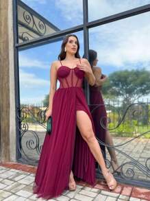 WEDDING PARTY DRESS FOR GRADUATES IN TULLE WITH SHINE AND CORSET - Redwood - View 1