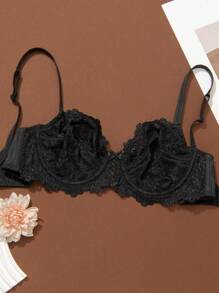 WINGSLOVE Plus Size Women Solid Floral Lace Shaping Underwire Bra, Minimalist Fashion Casual Daily Wear, Lift & Support - Black - View 7