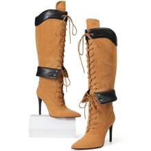 Y2K 风格奢华时尚女式过膝靴尖头蕾丝宽筒拉链细高跟鞋机车优雅派对靴女靴 - 棕色 - 查看 11