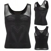 Men Breathable Mesh Chest Binder Tank Gynecomastia Compression Shirt To Hide Man Boobs Moobs Shaper Slimming Shapewear Shirt Singlet Dad Bod Sports Gym Workout - Black - View 7