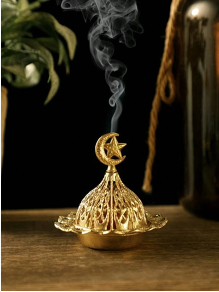 1 件豪华金色空心阿拉伯风格香炉，迷你便携式金色塔式香座，金属芳香疗法油加热器 - 彩色 - 查看 1