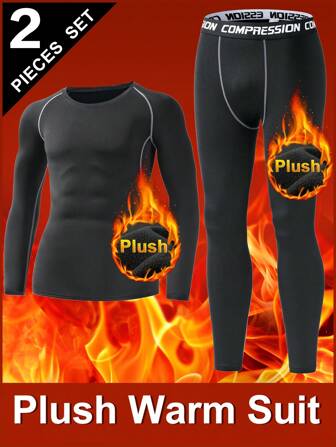 Men's Thermal Underwear Set, Long Sleeve Crew Neck Top And Long Pants, Thermal Lined, Cold Weather Outdoor Sports Thermal Baselayer For Skiing In Winter