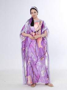 1件几何图案长袍，带披肩领（含1条围巾），适合连衣裙穿着。 - 彩色 - 查看 7