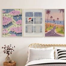 3件装旅行紫色海报伞人雨伞人夏威夷海边公路日光浴人墙艺客厅卧室沙发儿童房装饰画创意抽象疗愈城市风景油画无框 - 多色 - 查看 1