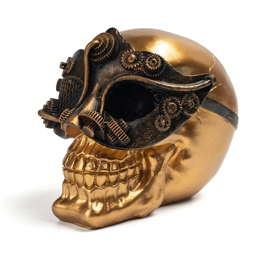 1 件骷髅面具装饰，恐怖风格树脂工艺品，家居装饰，派对，电影，酒吧道具，独特礼物 - 金色 - 查看 1