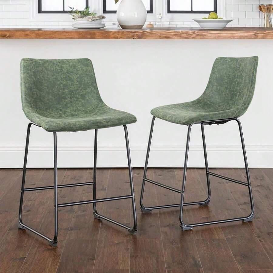 26 Inch Bar Stools Set Of 2,Counter Height Bar Stools With Back, Modern PU Leather Stools With Metal Leg And Footrest,Dining Chairs For Kitchens Island,Armless Pub Stools For Rustic Bar - 綠色 - 查看 1