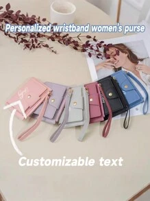 Personalized Women Compact Wallet With Wrist Strap - Customizable Name, Faux Leather, Non-Washable, Convenient Wrist Strap Wallet, Multi-Card Slots & Coin Purse, Perfect For Birthday Gift, Bridesmaid, Valentine's Day, Wedding Anniversary, Polyester Lining, Casual Style - Multicolor - View 2