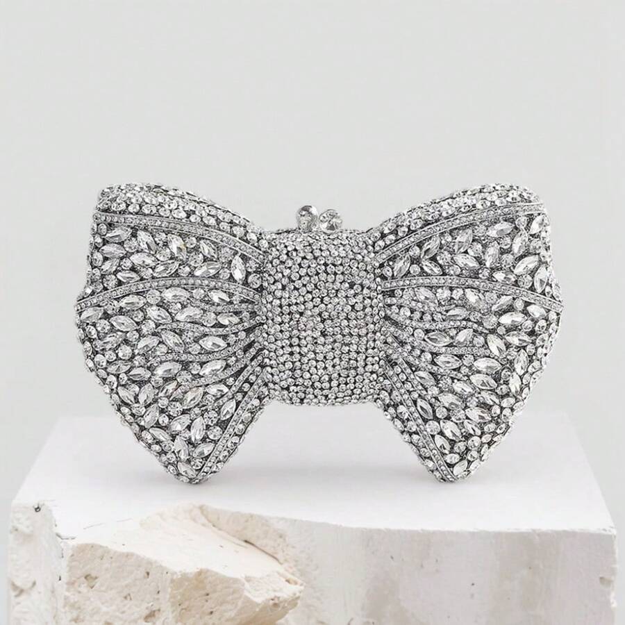Women Luxury Bowknot Shaped Evening Clutch Sparkling Rhinestones Handbag For Banquet - Silver - View 1