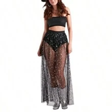 女士薄款银色星形裙婚纱衬裙派对礼服秋季女士服装 - 黑色 - 查看 2